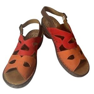 Josef Seibel Sandals Leather Comfort Foot Bed & Sole Tan Orange Red H2”38 7-7.5